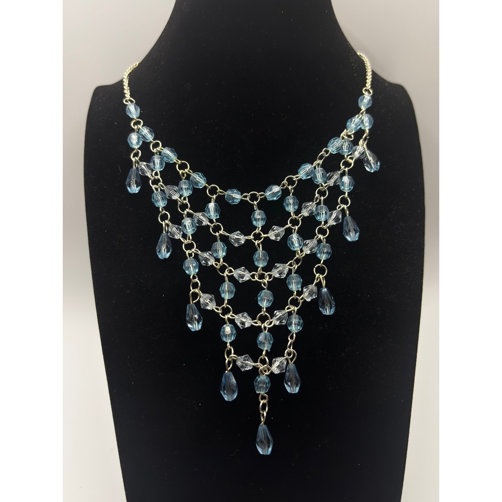 SO Bib Necklace Womens 14" Blue Beaded Cascading Crystal Statement Jewelry